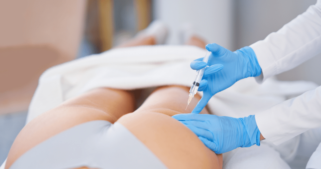 An image of a woman getting sculptra injection treatment on her butt.