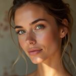 Close-up portrait of a woman with smooth, radiant skin and soft natural makeup, featuring green eyes and defined eyebrows. Her light brown hair is loosely pulled back with a few strands framing her face. Warm sunlight highlights her cheek and forehead, with a softly blurred, neutral background creating a calm, elegant feel.
