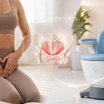 Woman holding her lower abdomen beside pelvic floor muscle diagram and Emsella chair in a wellness clinic setting.