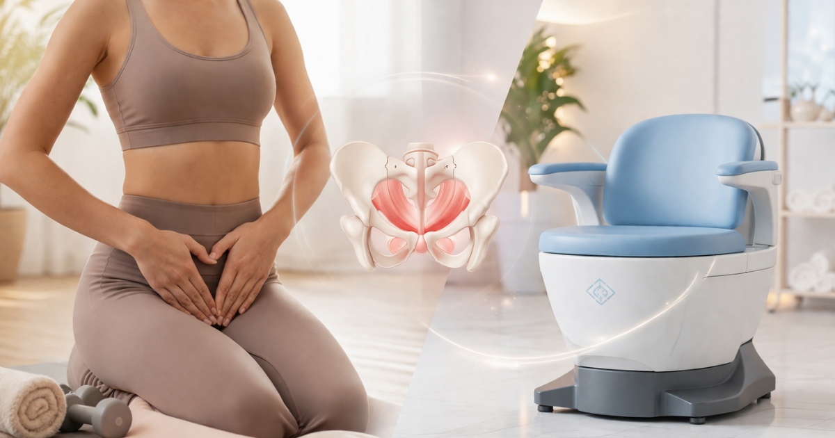 Woman holding her lower abdomen beside pelvic floor muscle diagram and Emsella chair in a wellness clinic setting.