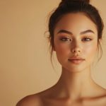Close-up portrait of a woman with natural makeup, glowing skin, and hair in a soft bun against a neutral background.